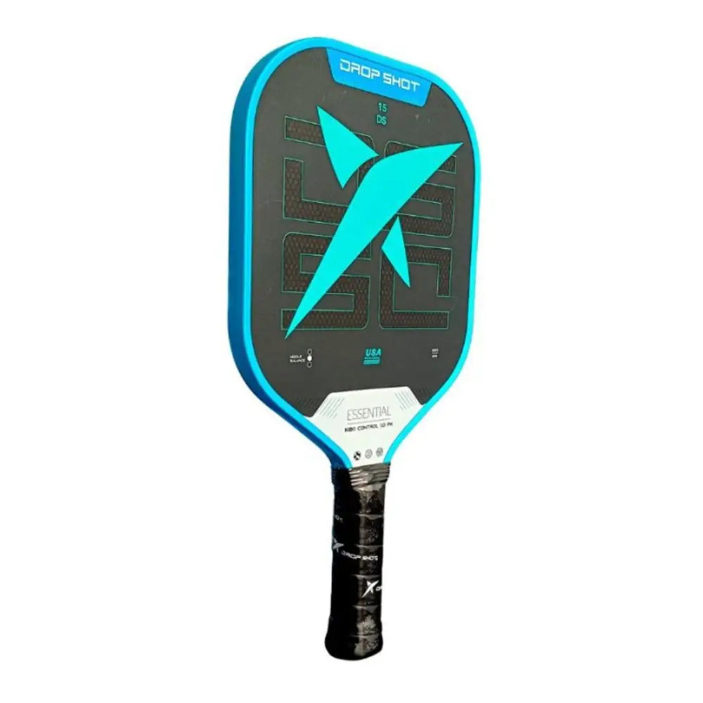 Schuin vooraanzixht Drop Shot Kibo Control 1.0 pickleballracket – lichtgewicht met glasvezel blad, polymer kern en spin coating. Perfect voor beginners.