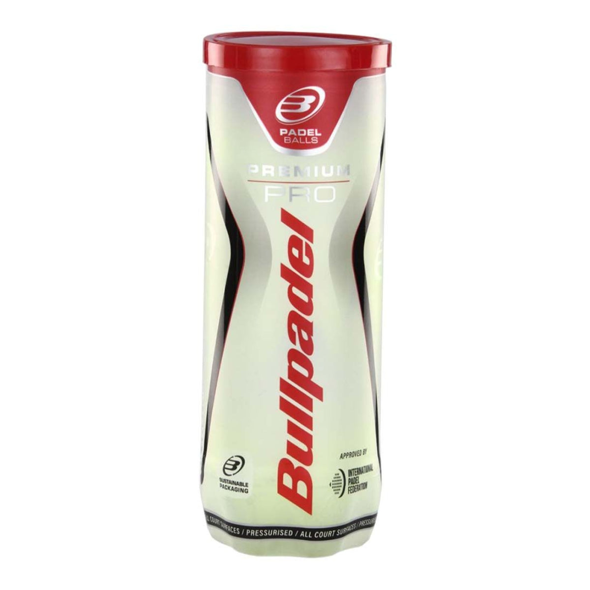 Een tube Bullpadel Premium Pro padel ballen met 3 ballen erin. De tube is wit met rode accenten.