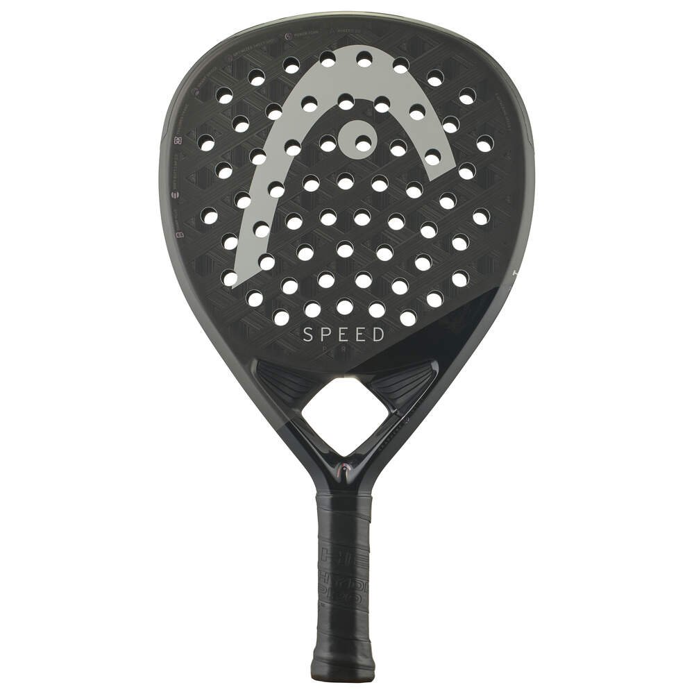 Vooraanzicht van een zwarte padel racket met centraal in het licht grijs het logo van Head.
