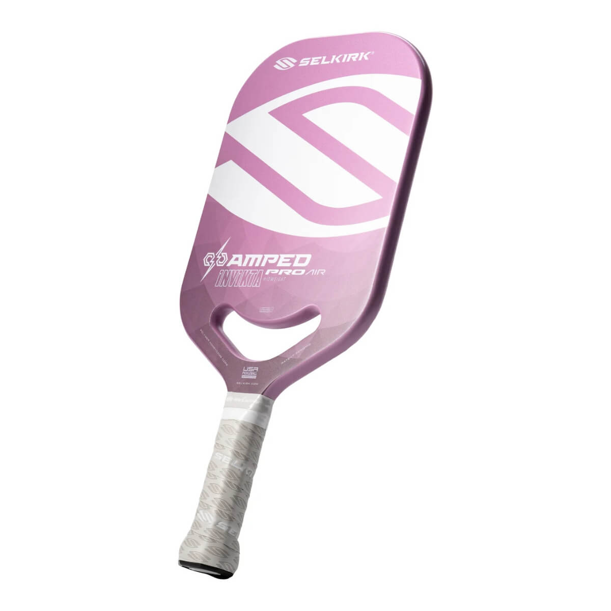 Schuin vooraanzicht van de paarse Selkirk AMPED Pro Air Invikta pickleball racket met groot wit Selkirk-logo op het blad.