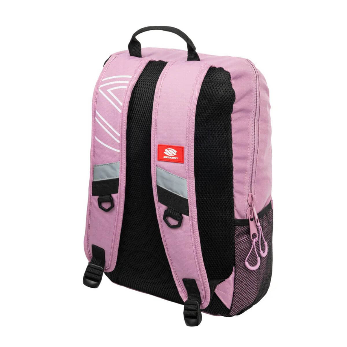 Achterzijde van de roze Selkirk Pickleball rugzak met wit Selkirk opschrift en wit Selkirk logo.