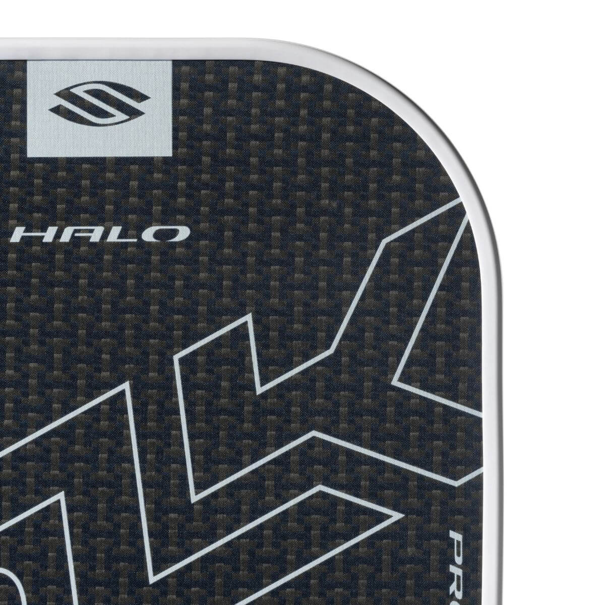 Selkirk SLK Halo Pro Max pickleball paddle zwart met blauwe schijn close-up slagoppervlak