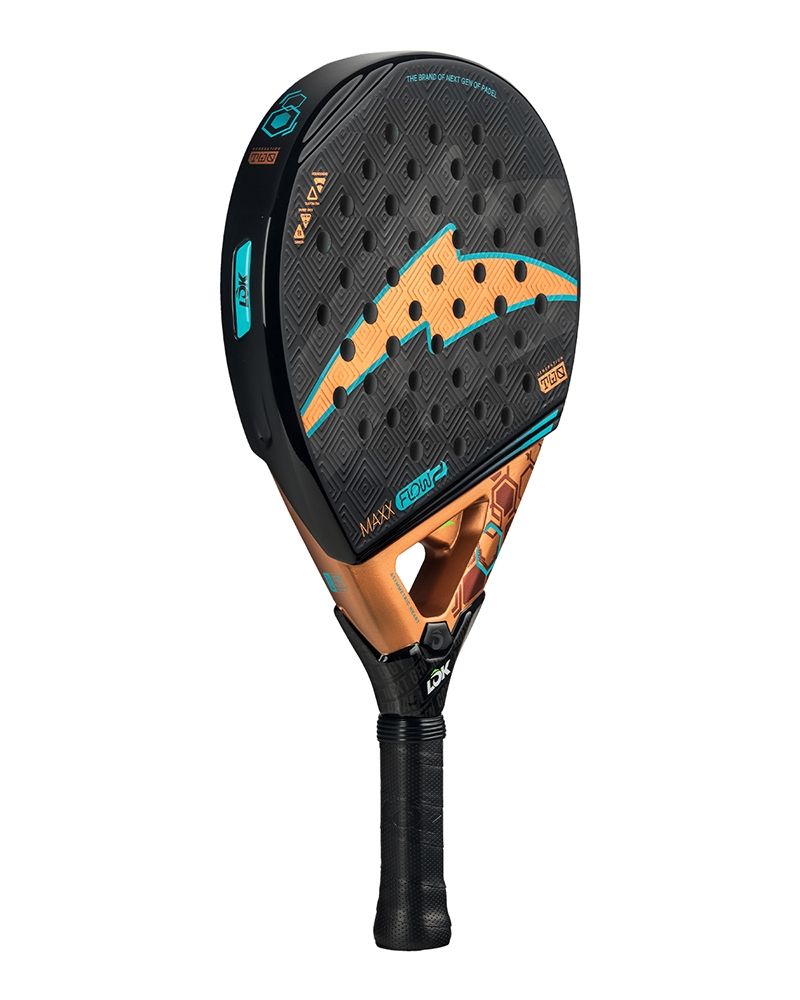 Schuin vooraanzicht Lok Maxx Flow Gen 2 | Zwart Rond padelracket met 18K Carbon