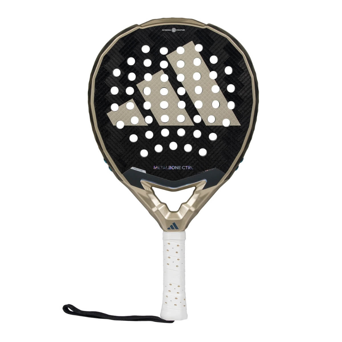 Vooraanzicht van de Adidas Metalbone Ctrl 3.4 2025 zwarte padel racket met gouden logo van adidas in het midden.