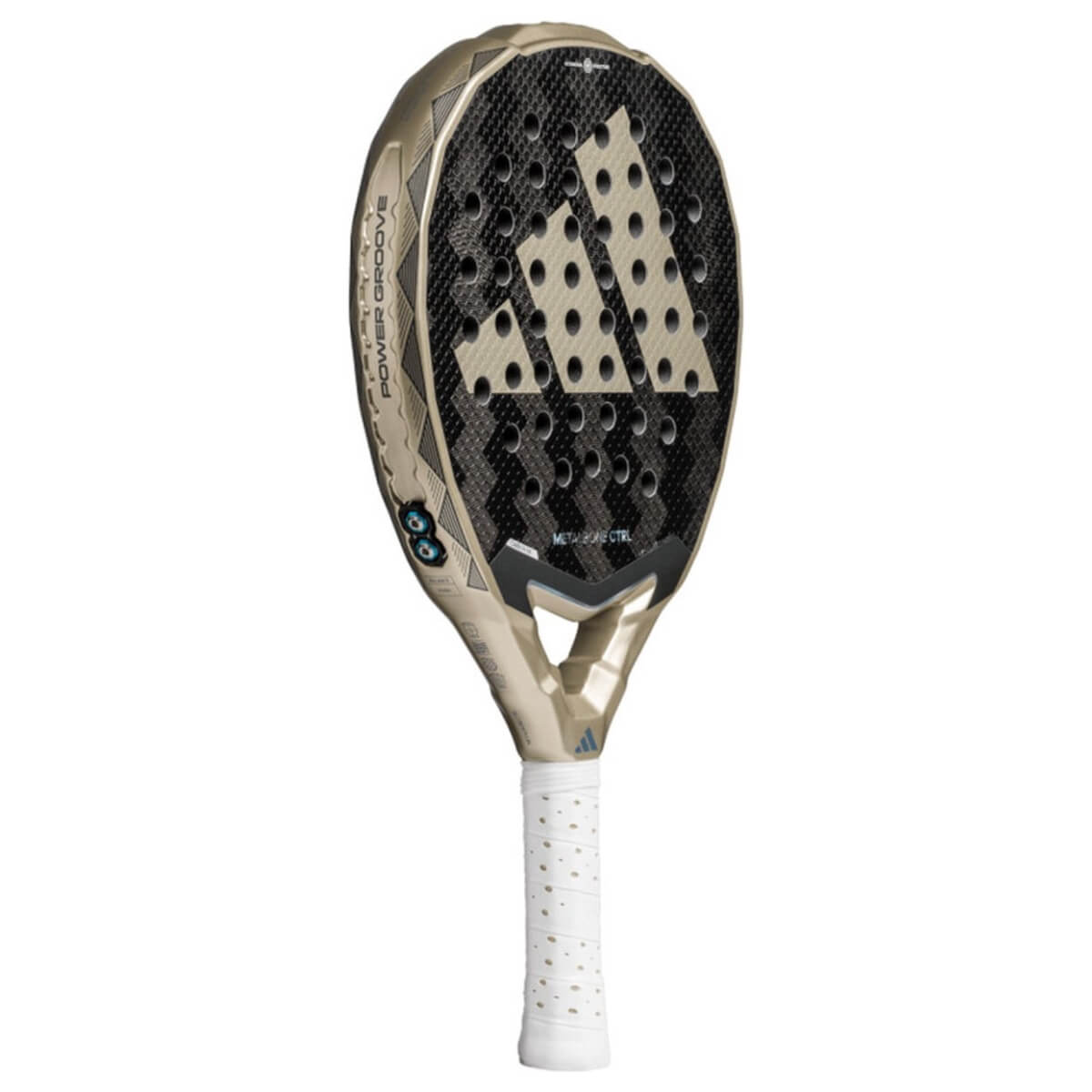 Schuin vooraanzicht van de Adidas Metalbone Ctrl 3.4 2025 zwarte padel racket met gouden logo van adidas in het midden.