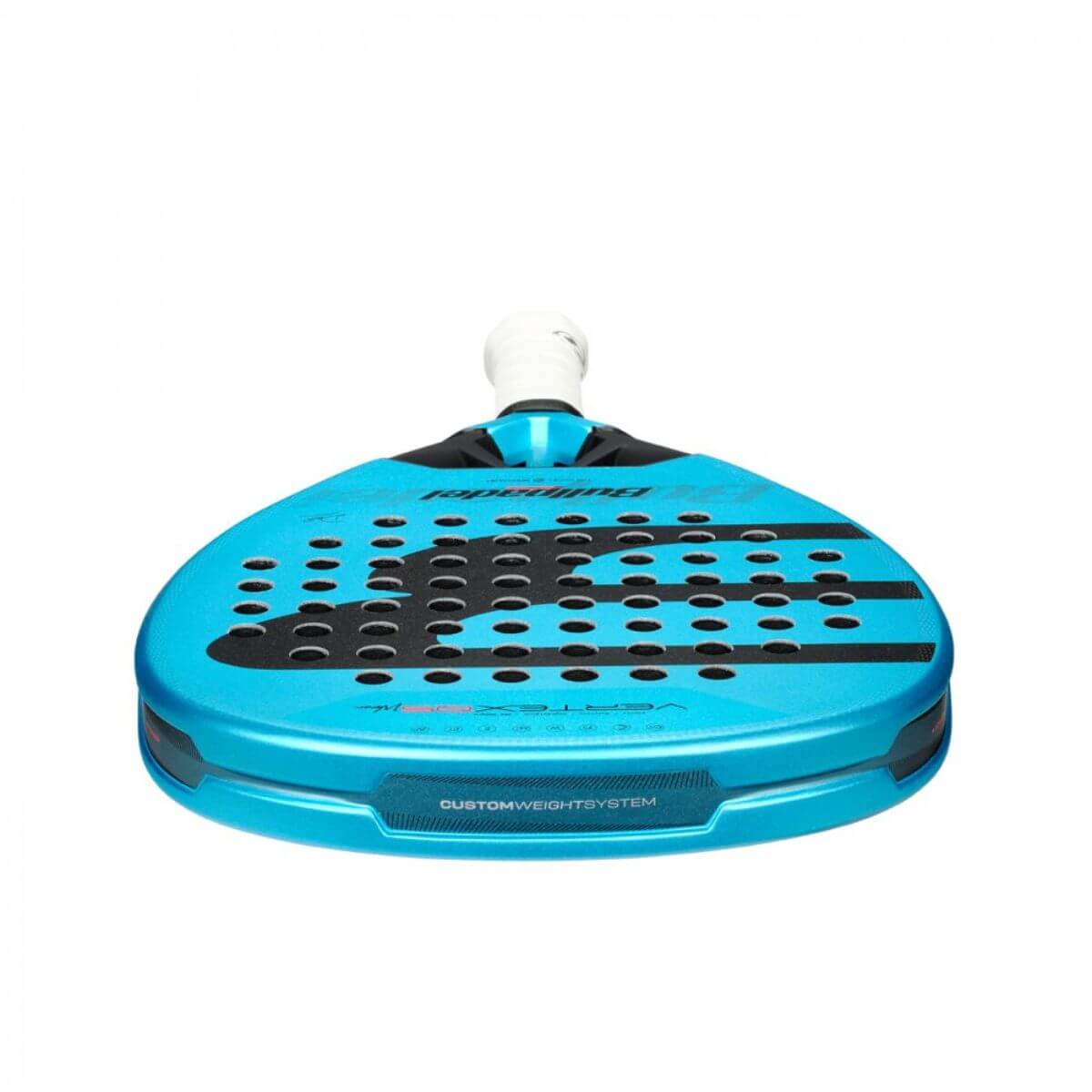 Bovenaanzicht Bullpadel Vertex 05 Woman 2025 padelracket – diamantvormig damesracket in modern licht blauw design, licht en wendbaar met ruwe Top Spin-afwerking.