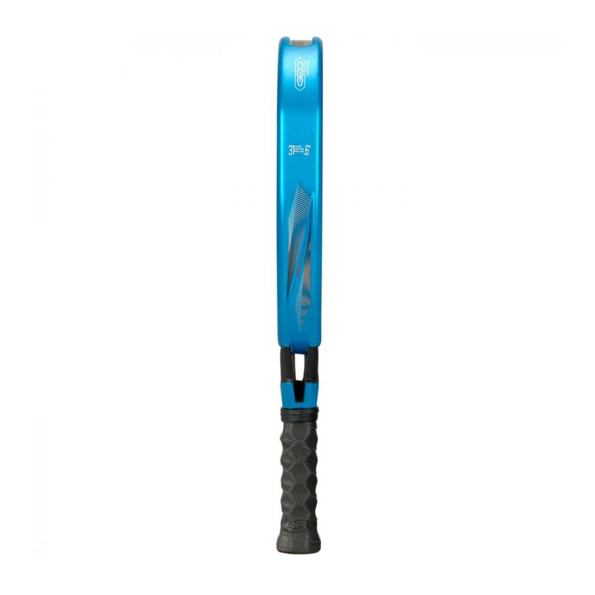 Zijaanzicht Bullpadel Vertex 05 GEO 2026 padelracket – geometrisch blad in diamantvorm, fel blauw design met zwarte accenten en ruwe Top Spin-afwerking.