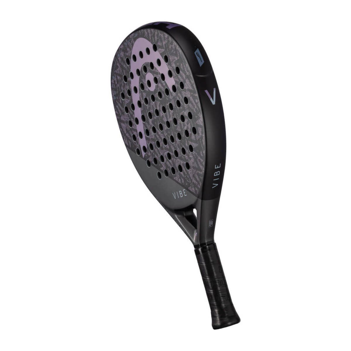 Head Vibe zwarte padel racket met paars Head logo schuin vooraanzicht