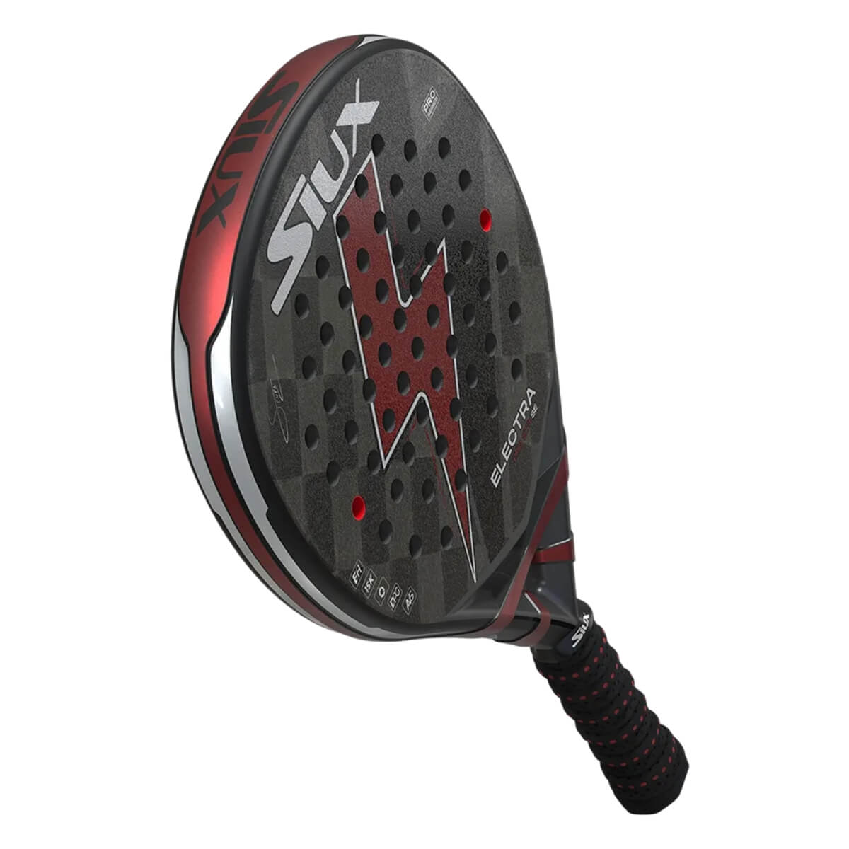 Siux Electra ST3 Pro Special Edition 2025 zwart padel racketmet een rode bliksem erop schuin bovenaanzicht