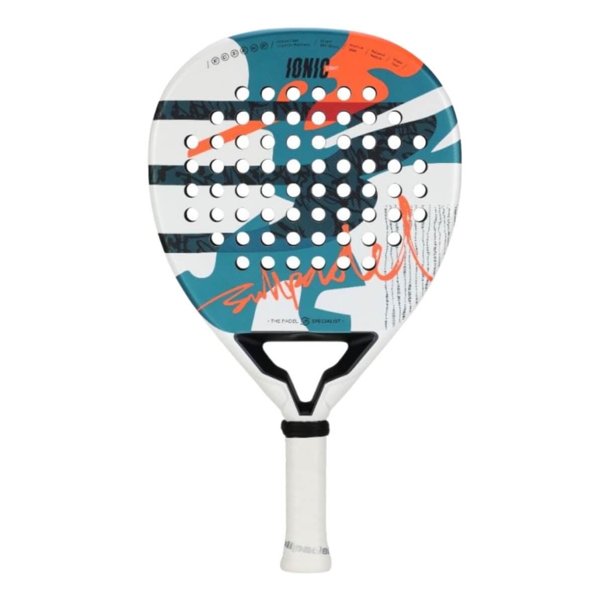 Bullpadel Ionic Light 25 padel racket wit met blauw en oranje accenten vooraanzicht