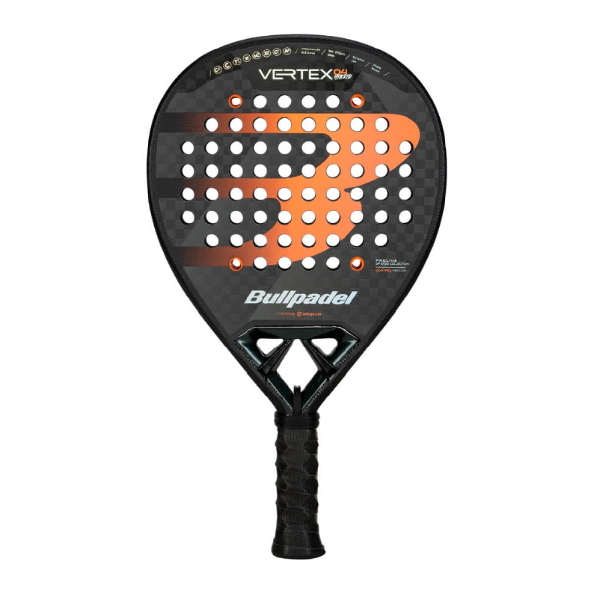 Bullpadel Vertex 04 Hybrid 25 padel racket zwart met oranje logo vooraanzicht